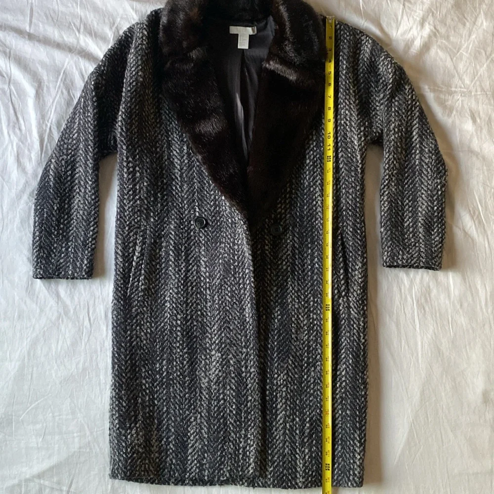 H&M Faux Fur Collar Tweed Wool Blend Long Coat Sz 6 - Picture 10 of 12